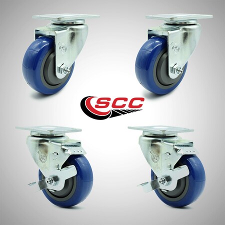 Service Caster 3.5 Inch SS Blue Polyurethane Swivel Top Plate Caster Set with 2 Brakes SCC SCC-SS20S3514-PPUB-BLUE-2-TLB-2